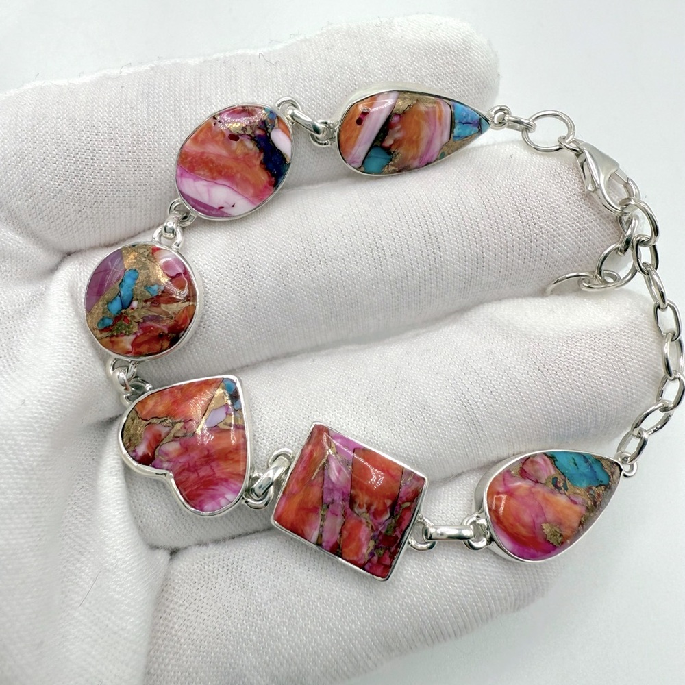 Pink Oyster Turquoise .925 Sterling Silver Bracelet - Picture 4 of 16
